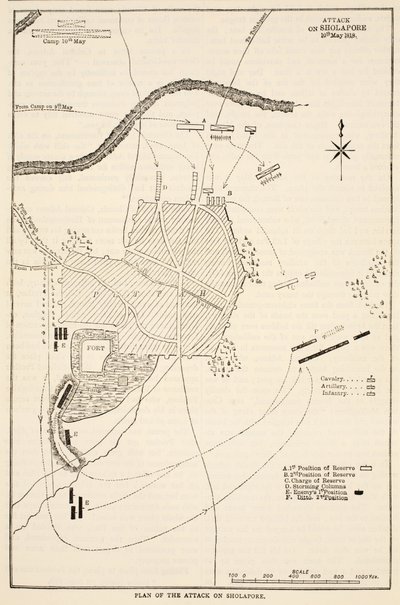 Plan van de aanval op Sholapore, illustratie uit Cassells Geïllustreerde Geschiedenis van India door James Grant, uitgegeven 1879 door English School
