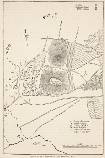 Plan van de verdediging van Seetabuldee Hill, illustratie uit Cassells Geïllustreerde Geschiedenis van India door James Grant, uitgegeven 1879 door English School