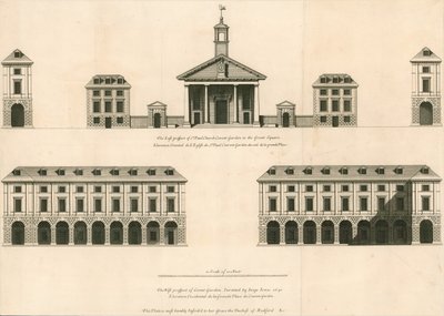 Plattegrond van het oostelijke uitzicht van St. Pauls Church, Covent Garden en westelijke uitzicht van Covent Garden door English School