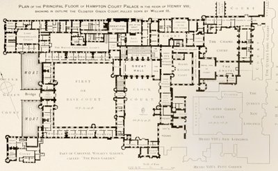 Plattegrond van de hoofdverdieping van Hampton Court Palace zoals het was tijdens het bewind van koning Hendrik VIII, uit Geschiedenis van Hampton Court Palace in Tudor-tijden door Ernest Law, gepubliceerd in Londen 1885 door English School