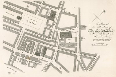 Plan van de theaters van Covent Garden, Londen door English School