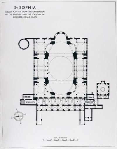 Plan om de oriëntatie van de narthex en beschreven mozaïekeenheden te tonen, uit De mozaïeken van Haghia Sophia in Istanbul door Thomas Whittemore door English School