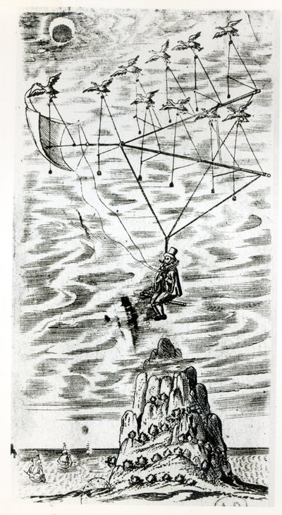 Vliegtuig, illustratie van het frontispice van De man in de maan of een verhandeling over een reis daarheen door Domingo Gonsales, de snelle Boodschapper door Francis Godwin (1562-1633), postuum gepubliceerd door English School