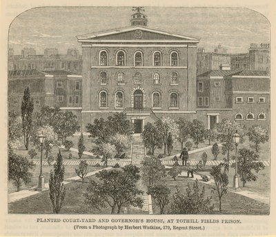 Beplante binnenplaats en Gouverneurshuis in Tothill Fields Prison door English School