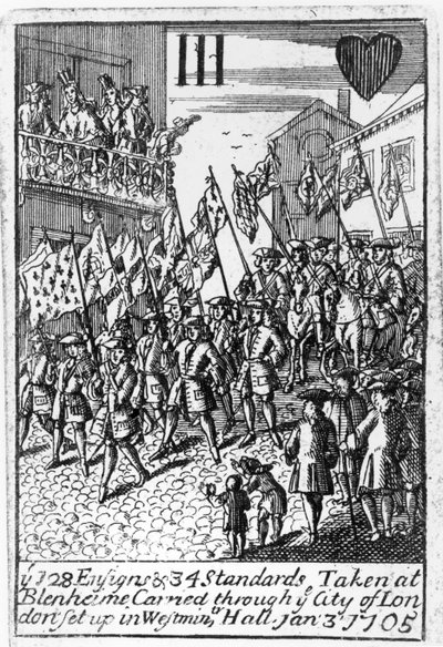 Speelkaart die de Vaandels en Standaarden genomen bij Blenheim toont, door de stad Londen gedragen, 3 januari 1705 door English School