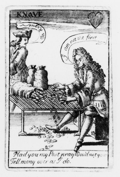 Speelkaarten ter herdenking van de Spaanse Successieoorlog, hartenkleur, ca. 1707 (detail) door English School