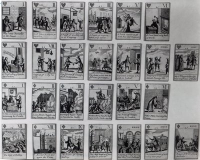 Speelkaarten die episodes uit de Glorieuze Revolutie van 1688-89 uitbeelden, ca. 1689 door English School