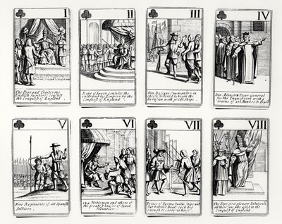 Speelkaarten die gebeurtenissen uitbeelden van de Spaanse Armada door English School