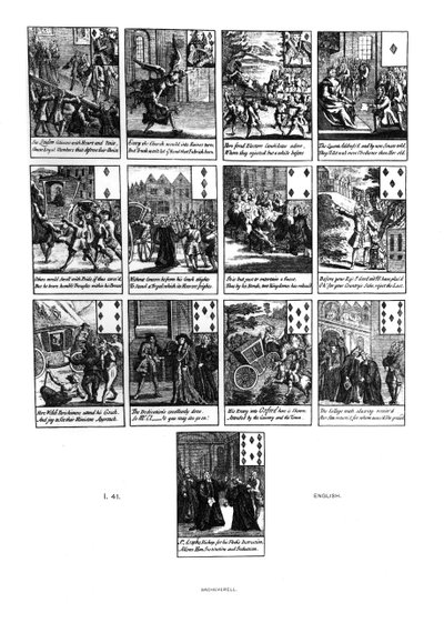 Speelkaarten die de afzetting van Henry Sacheverell (c.1674-1724) in 1710 uitbeelden, ruiten door English School