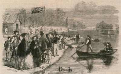 Pleziervaartuigen op het water in Regents Park door English School