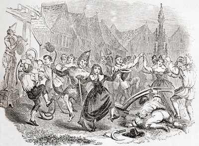 Plough Monday vieringen, de dans van Bessie en de Clown, uit Old England: A Pictorial Museum, pub. 1847 door English School