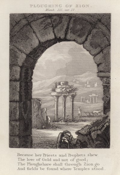Ploegen van Zion, Micha III, vers 12 (gravure) door English School
