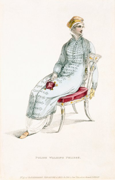 Poolse wandelpelisse, modeplaat uit Ackermanns Repository of Arts door English School