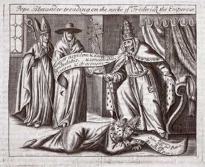 Paus Alexander die op de nek van keizer Frederik trapt, illustratie uit Handelingen en Monumenten van John Foxe, negende editie, uitgegeven 1684 door English School