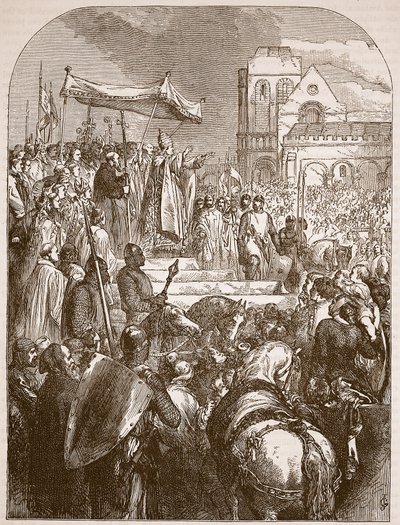 Paus Urbanus II die de Eerste Kruistocht predikt op de markt van Clermont, 1096, illustratie uit Cassells Illustrated History of England door English School