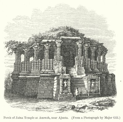 Portiek van Jainatempel in Amwah, bij Ajunta (gravure) door English School