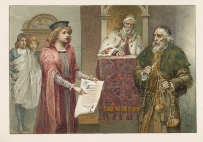 Portia, Shylock en de Rechter in De Koopman van Venetië door English School