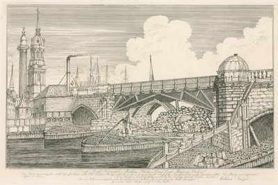 Gedeelte van de oude London Bridge, getekend in 1827 tijdens bouwwerkzaamheden door English School