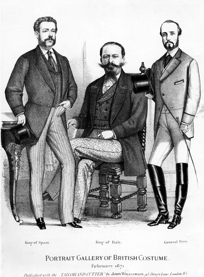 Portretgalerij van Britse Kostuums, met de koningen van Spanje en Italië en generaal Prim, uitgegeven met de Tailor and Cutter, 1871 door English School