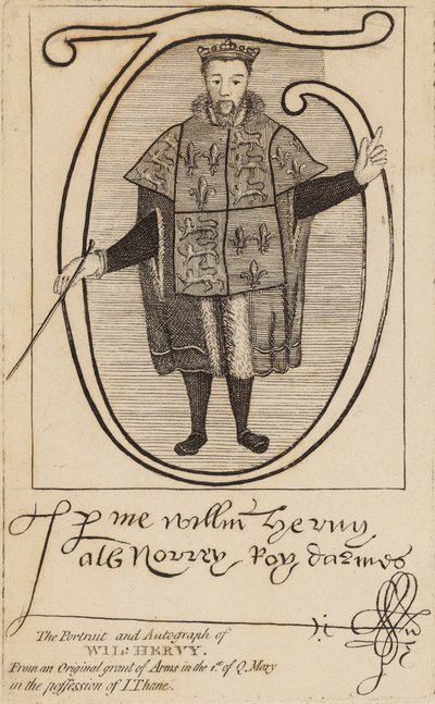 Portret en handtekening van Wil Hervy (William Harvey) door English School