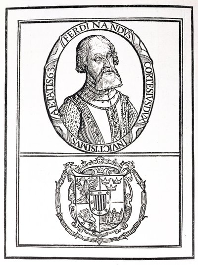 Portret van Hernado Cortes (1485-1547) en zijn wapens, uit 