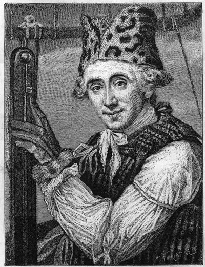 Portret van John Jeffries (1745-1819), Amerikaanse natuurkundige. Hij werd afgebeeld in het luchtvaartpak dat hij droeg in 1785 toen hij het Kanaal overstak in een heteluchtballon. (Van een Engelse gravure, gepubliceerd in 1786). (Tissandier Collectie). Gr door English School