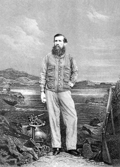 Portret van John Speke (1827-64) voor het Victoriameer, frontispice van Dagboek van de Ontdekking van de Bron van de Nijl gepubliceerd 1863 door English School