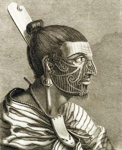 Portret van Maori Man met Ta Moko Tattoos door English School