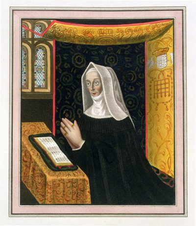 Portret van Margaret Beaufort, gravin van Richmond en Derby (1443-1509), oprichtster van St. Johns College, Cambridge, uit The History of Cambridge, uitgegeven door R. Ackermann, 1815 door English School