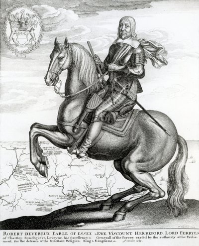 Portret van Robert Devereux te paard door English School