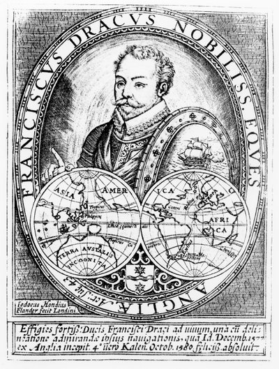 Portret van Sir Francis Drake op de Leeftijd van 43, gegraveerd door Jodocus Hondius door English School