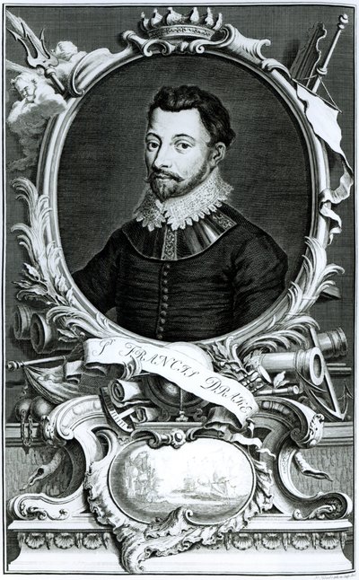Portret van Sir Francis Drake (c.1540-96) gegraveerd door Jacobus Houbraken (1698-1780) (gravure) door English School