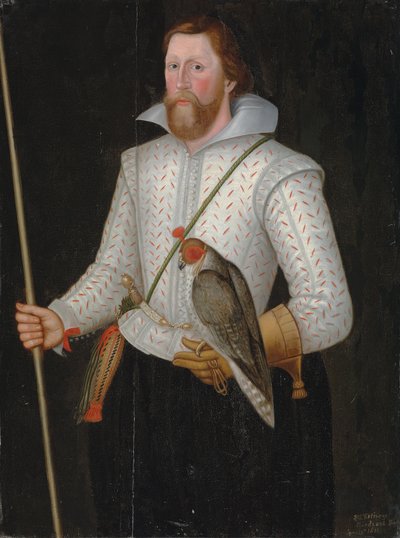 Portret van Sir Thomas Monson, halflang, in een gescheurde witte wambuis, gegordeld met een zwaard, een valk en zijn ambtsstaf vasthoudend door English School