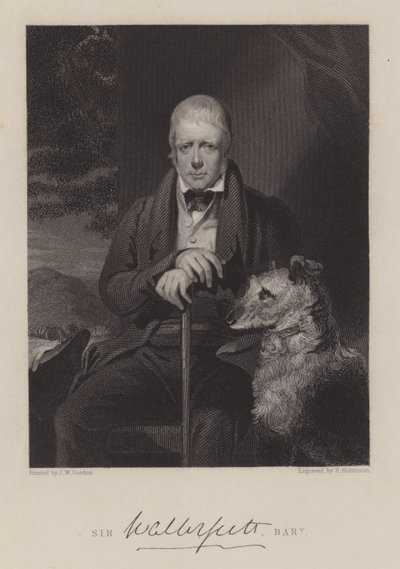 Portret van Sir Walter Scott, met hond (gravure) door English School
