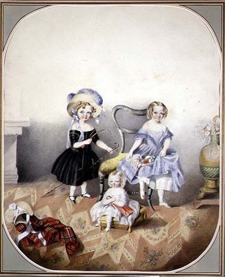 Portret van Drie Blauwoogige Meisjes in Fantasie Kleding, c.1840 door English School