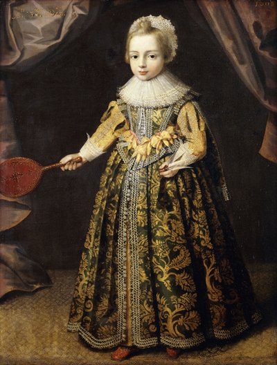Portret van een jongen, 3 jaar oud, staand in een groene jurk geborduurd met goud, een kanten muts en kraag, met een battledore en shuttlecock, 1605 door English School
