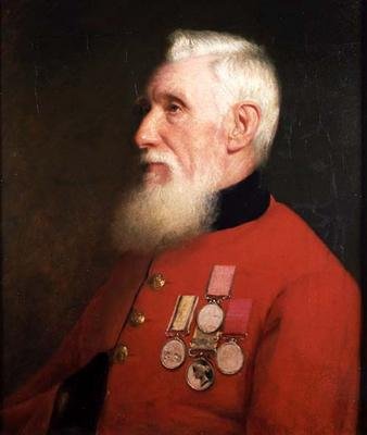 Portret van een Chelsea-pensionaris met zijn dienstmedailles door English School