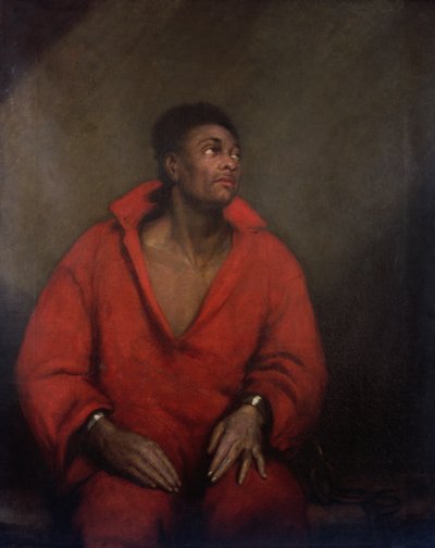 Portret van een slaaf in kettingen door English School