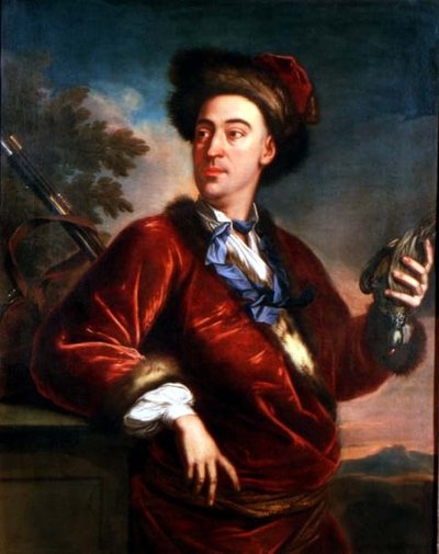 Portret van een heer met een dode vogel door English School