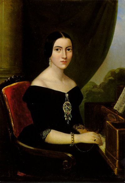 Portret van een jonge vrouw die piano speelt door English School