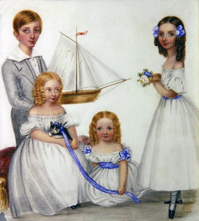 Portret van vier kinderen met een zeilboot en een kitten, c.1830 door English School
