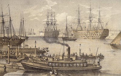 Haven van Portsmouth (gekleurde gravure) door English School