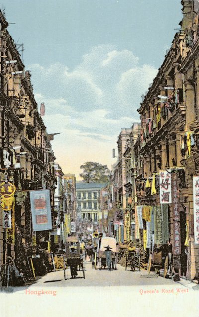 Ansichtkaart met afbeelding van Queens Road West, Hongkong, ca. 1900 door English School