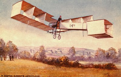 Ansichtkaart met de Santos-Dumont 14-bis vliegtuig, c.1910 door English School