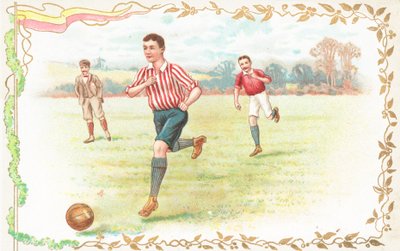 Ansichtkaart met mannen die voetbal spelen door English School
