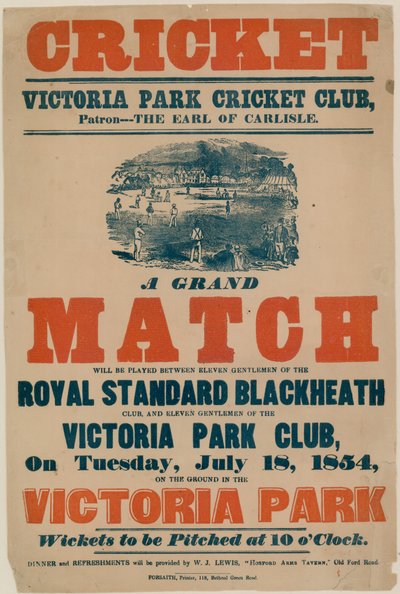 Poster die een cricketwedstrijd aankondigt bij Victoria Park Cricket Club op 18 juli 1854 door English School