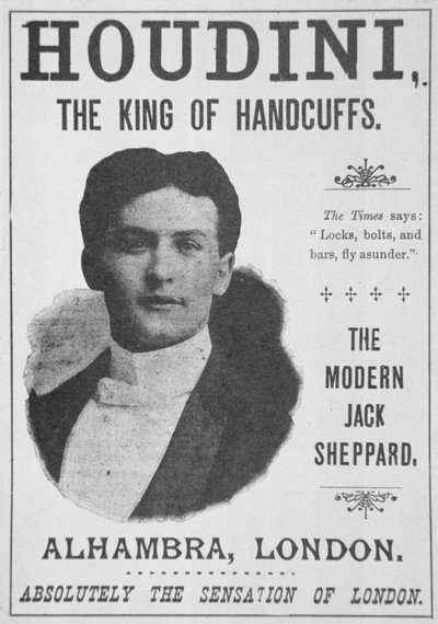 Poster die een optreden van Houdini in het Alhambra, Londen aankondigt door English School