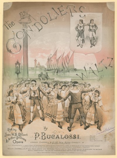 Poster voor The Gondoliers Waltz door P Bucalossi op melodieën van W S Gilbert en Arthur Sullivans opera door English School
