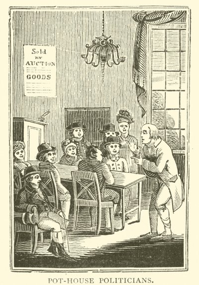 Politici in een kroeg (houtsnede) door English School