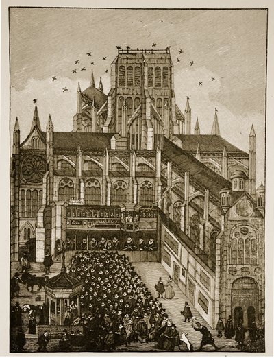 Prediking voor de koning en prins van Wales bij Pauls Cross in 1616, naar een 17e-eeuws schilderij door English School